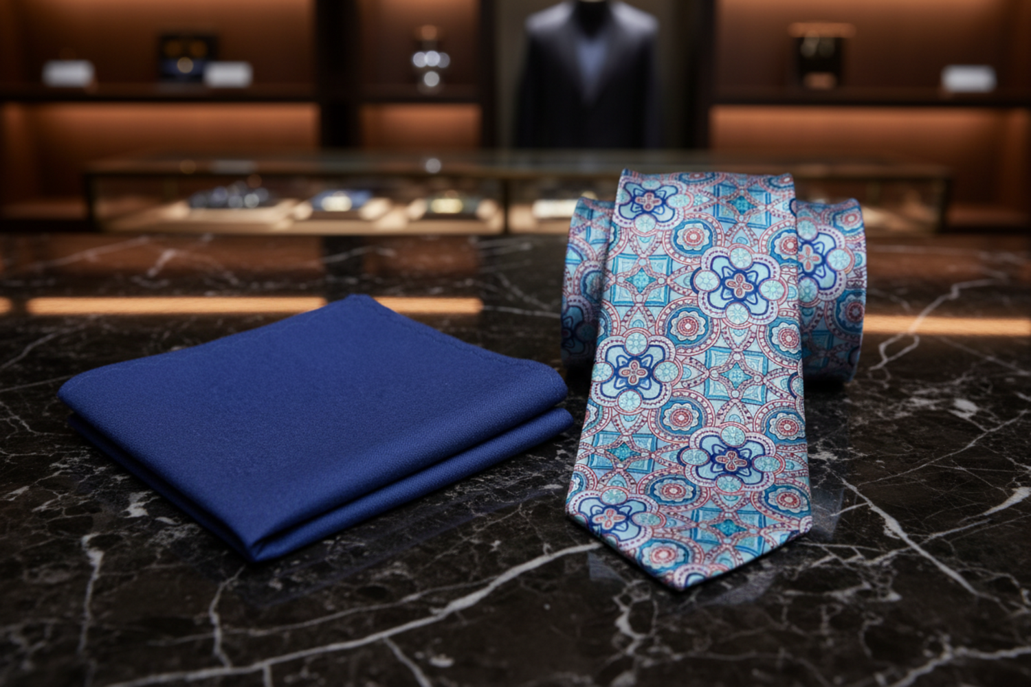 Alt View: White, Light Blue, Blue Mosaic Necktie and Blue Square