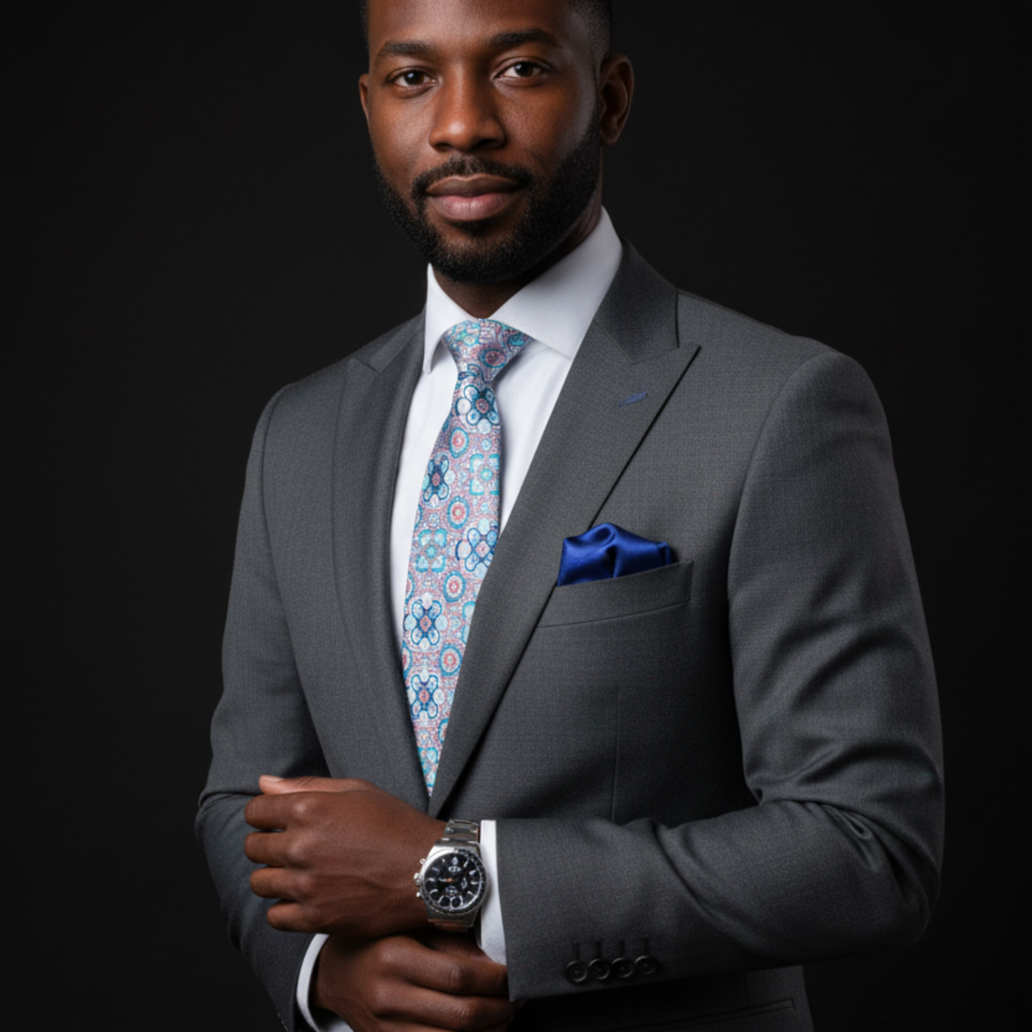 Man wearing a gray suit with a patterned tie and blue pocket square on a black background