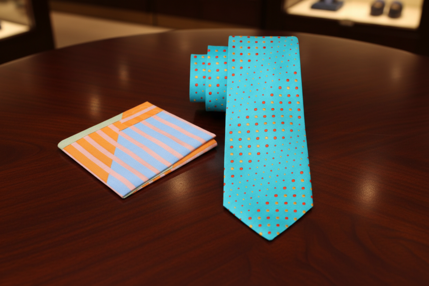 Alt A Light Blue, Orange, Yellow Polka Dot Pattern Necktie, Accenting Pocket Square