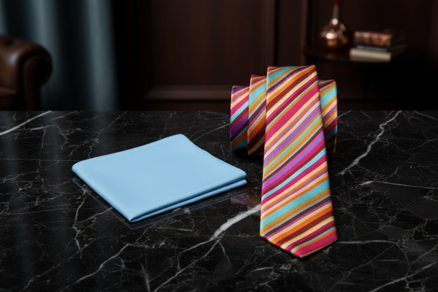Colorful striped thin tie and light blue pocket square