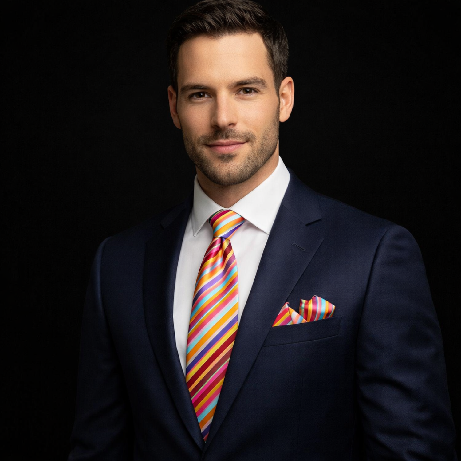 Man wearing a navy suit with a colorful striped tie and pocket square on a black background