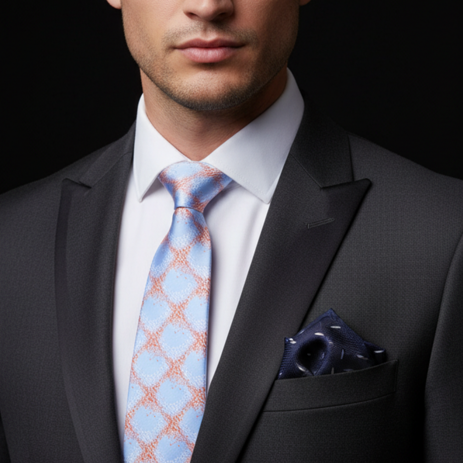 Man wearing a black suit with a blue patterned tie and matching pocket square.