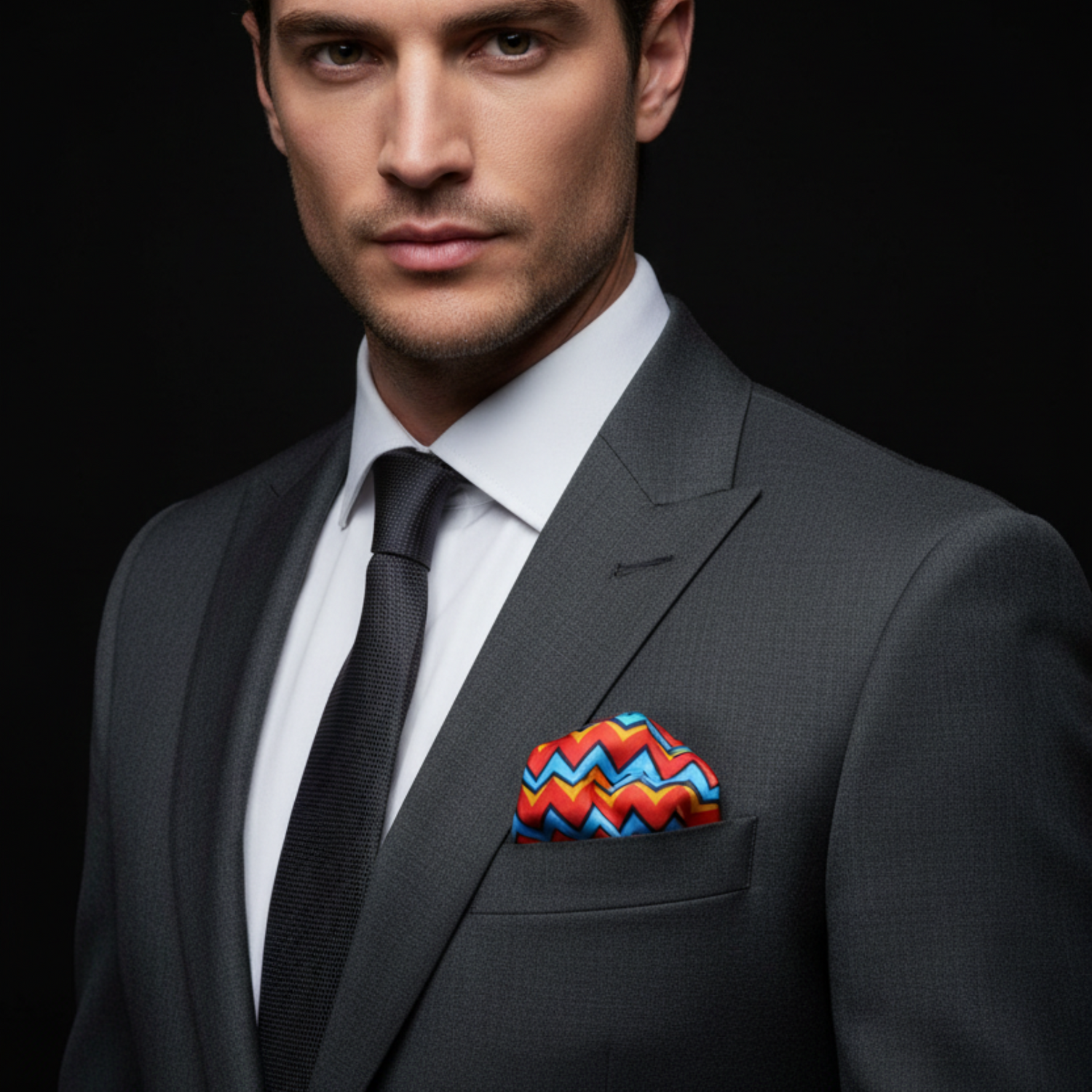 Man wearing a gray suit with a colorful pocket square against a black background