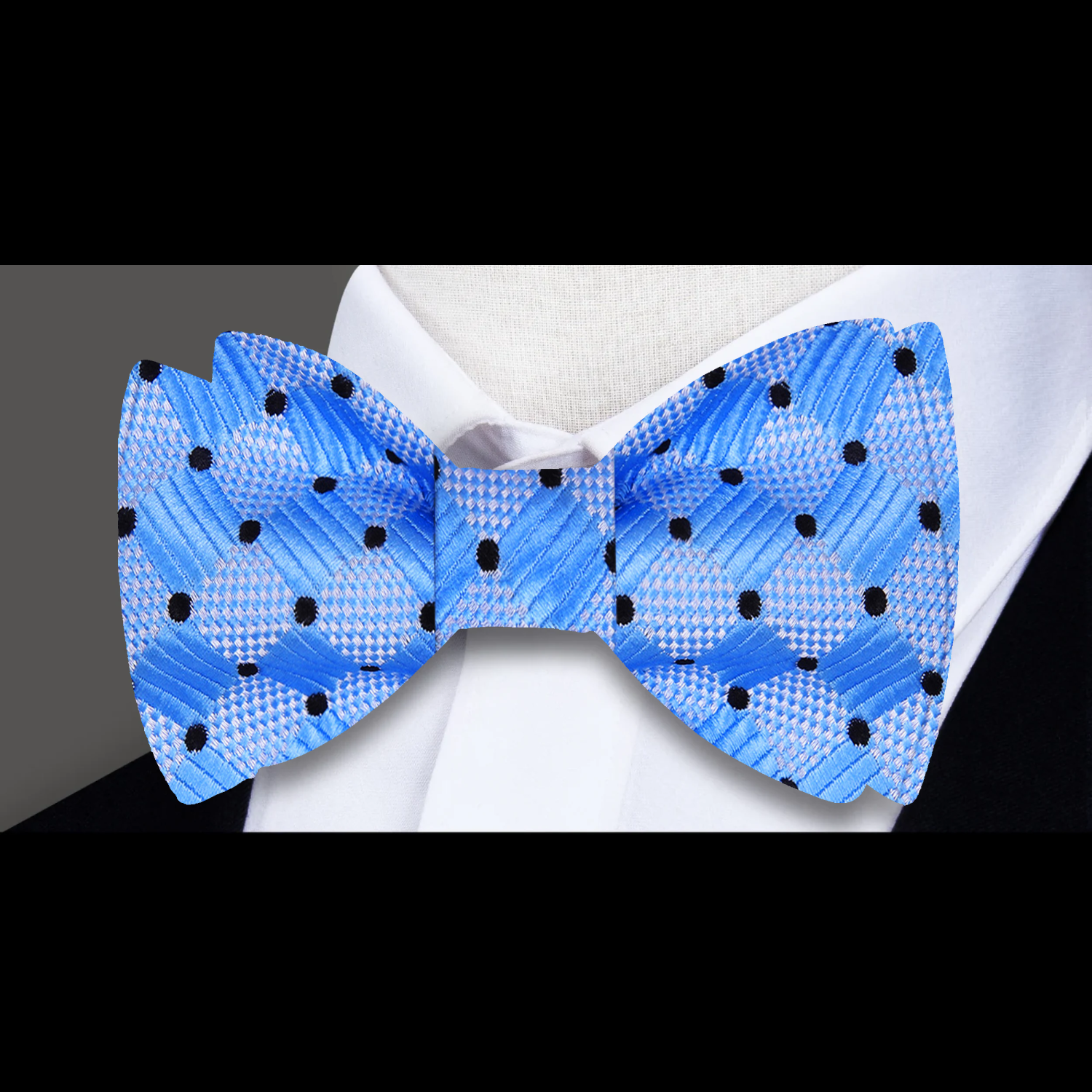 A Light Blue, Dark Blue Geometric Dots Pattern Silk Self Tie Bow Tie