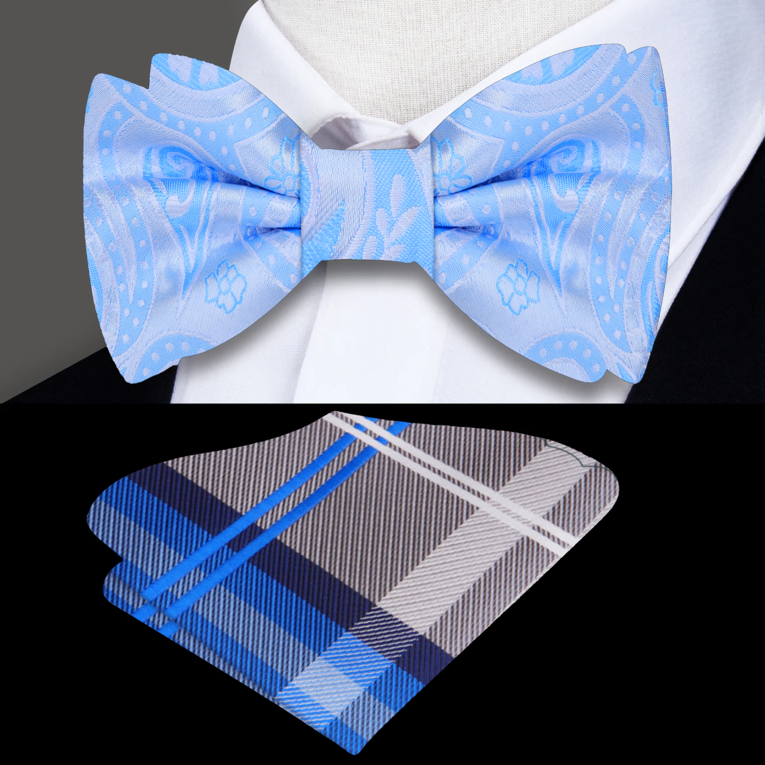 Light Blue Paisley Bow Tie and Grey, Blue, White Plaid Pocket Square