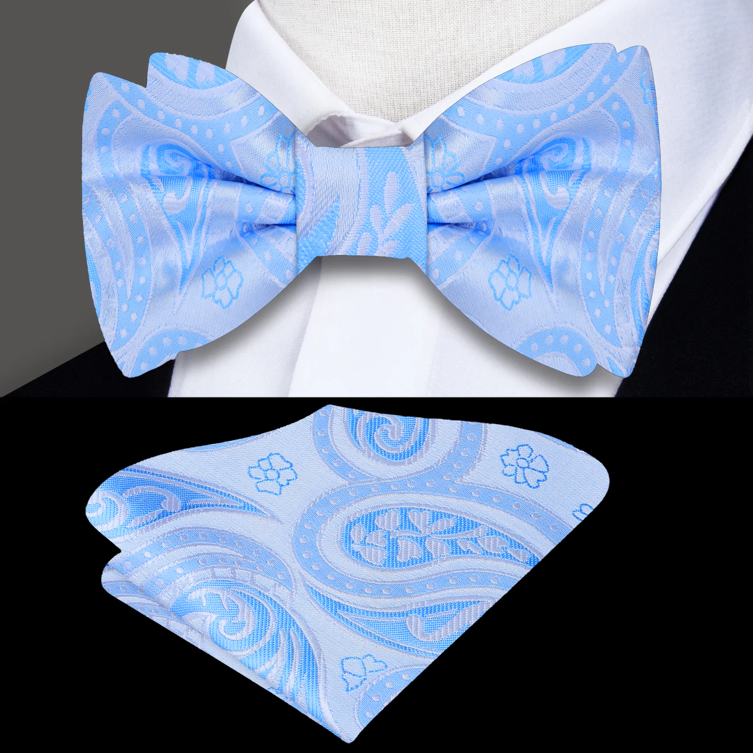 Light Blue Paisley Bow Tie and Square
