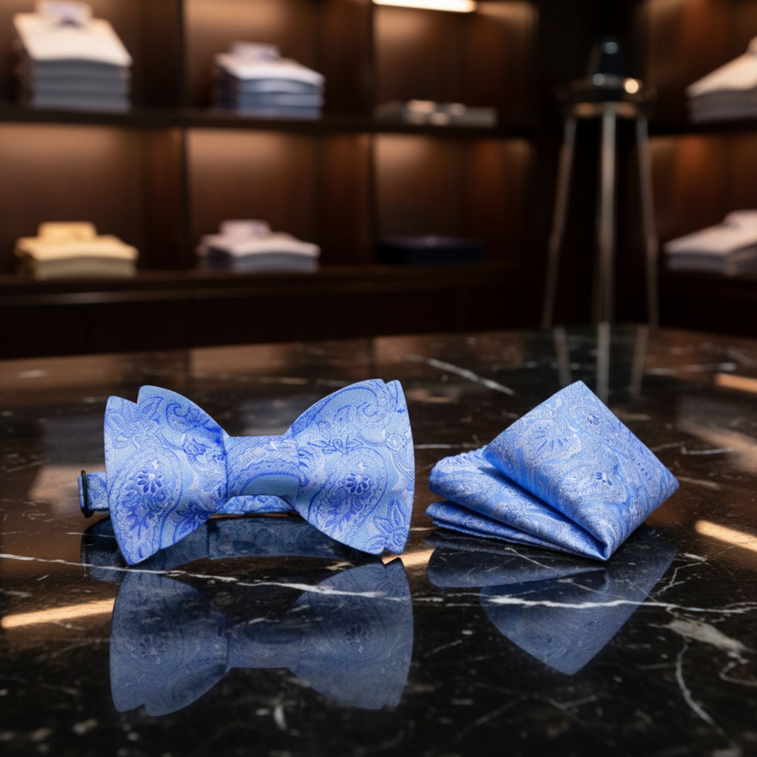 A Light Blue Paisley Pattern Self Tie Bow Tie, Matching Pocket Square