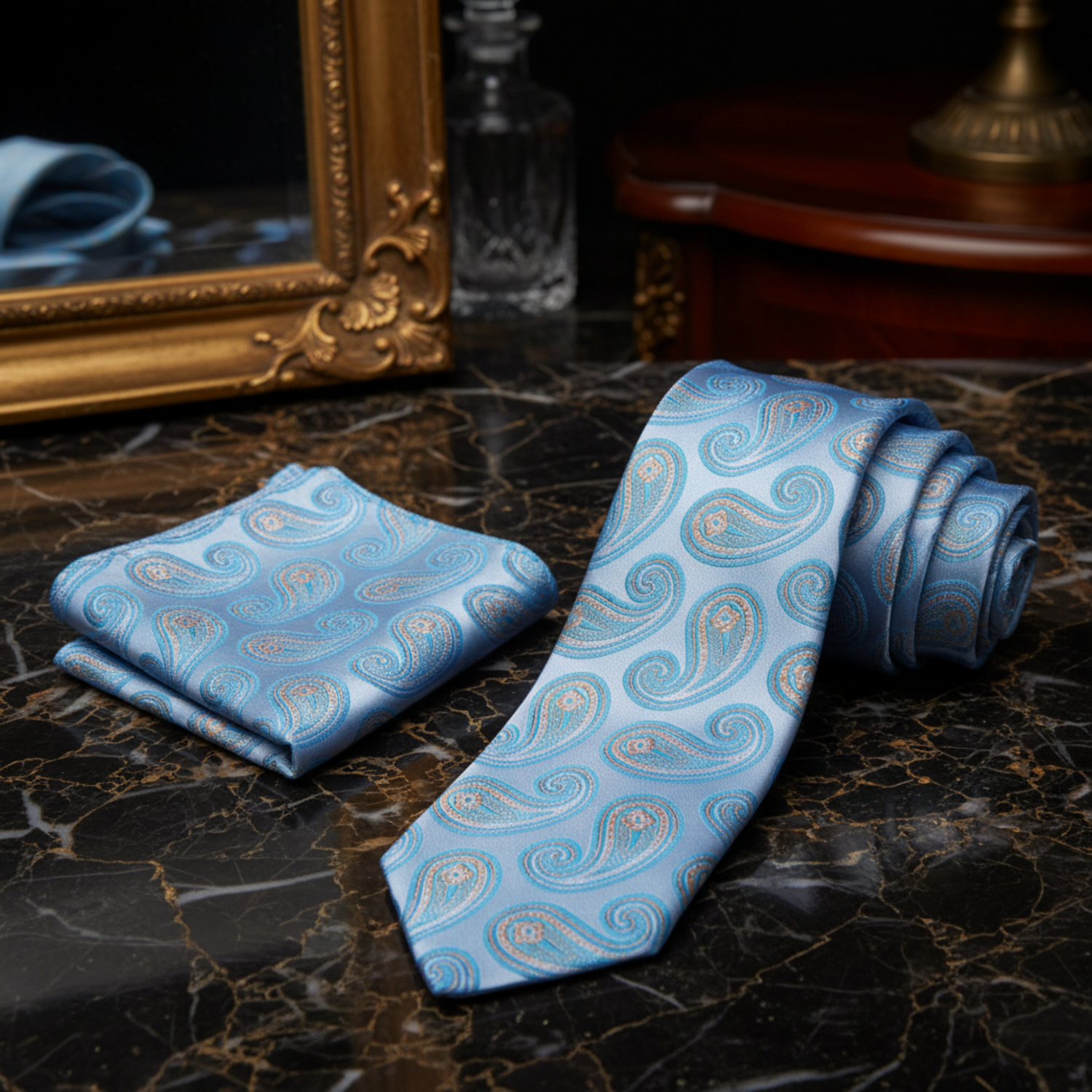 Alt Aqua Paisley Necktie and Matching Square