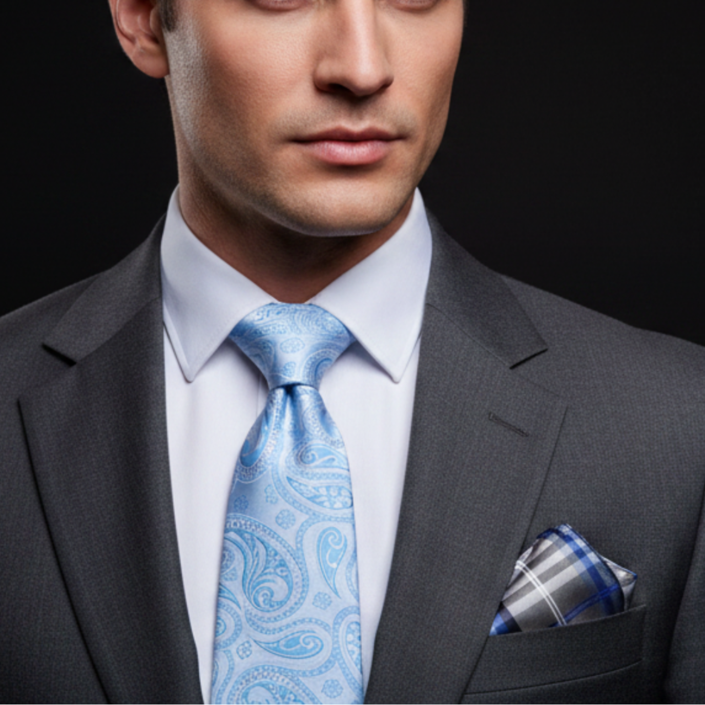 Man wearing a gray suit with a light blue tie and pocket square on a black background