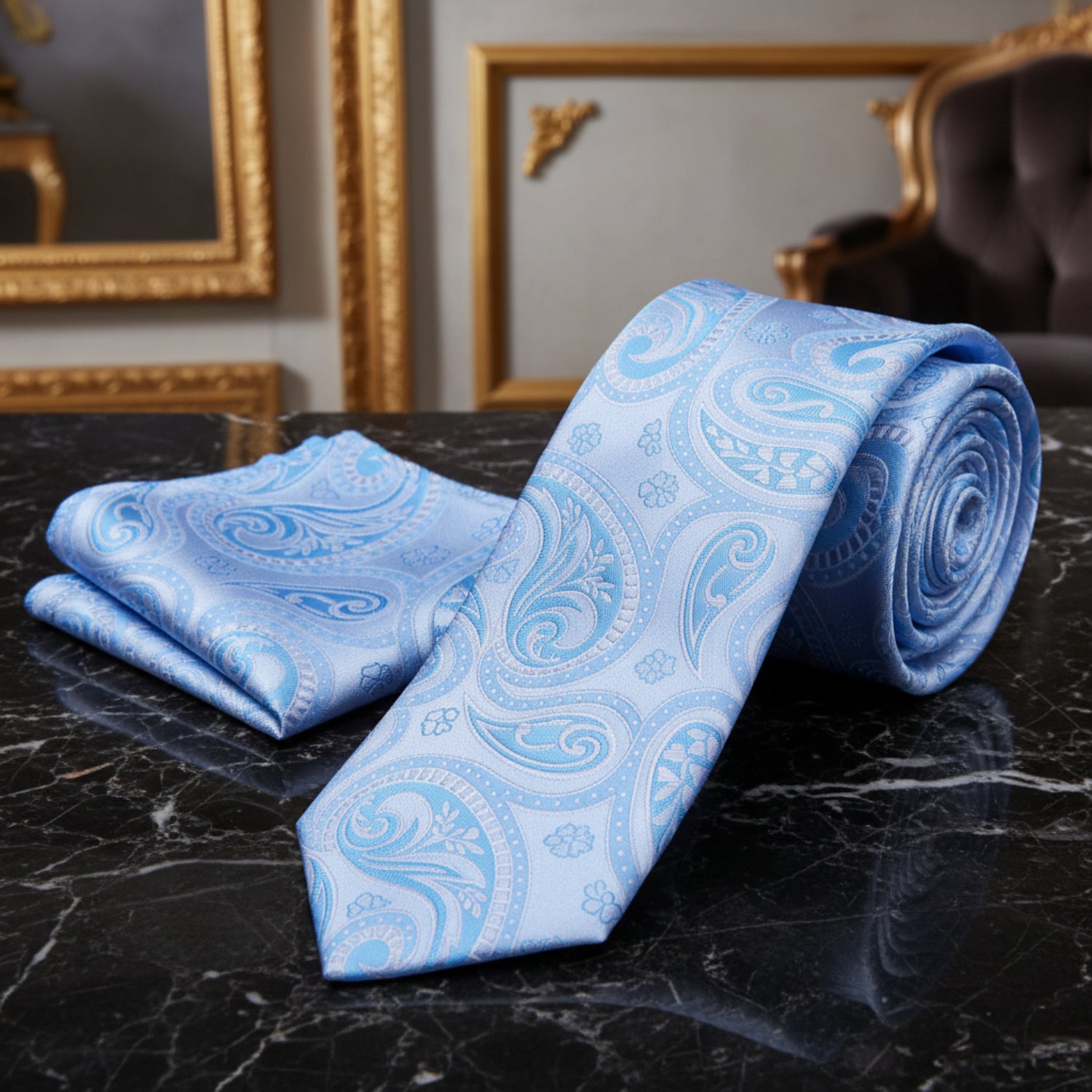 Light blue paisley tie and pocket square on a black marble surface