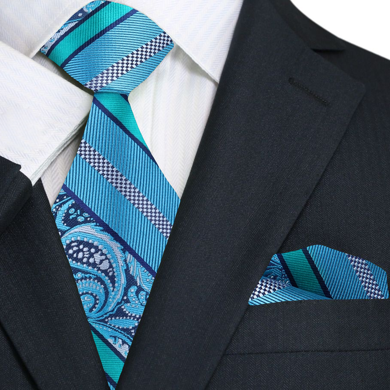 Premium Light Blue Paisley Tie and Pocket Square