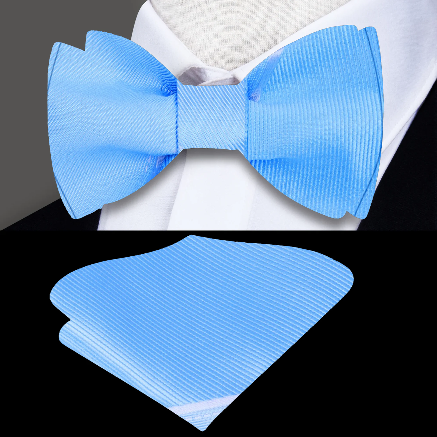 A Light Blue, White Vertical Lined Pattern Self Tie Bow Tie, Matching Pocket Square