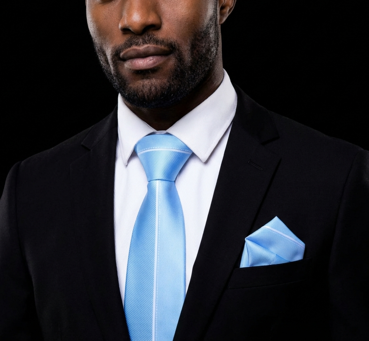 blue tie and square on man