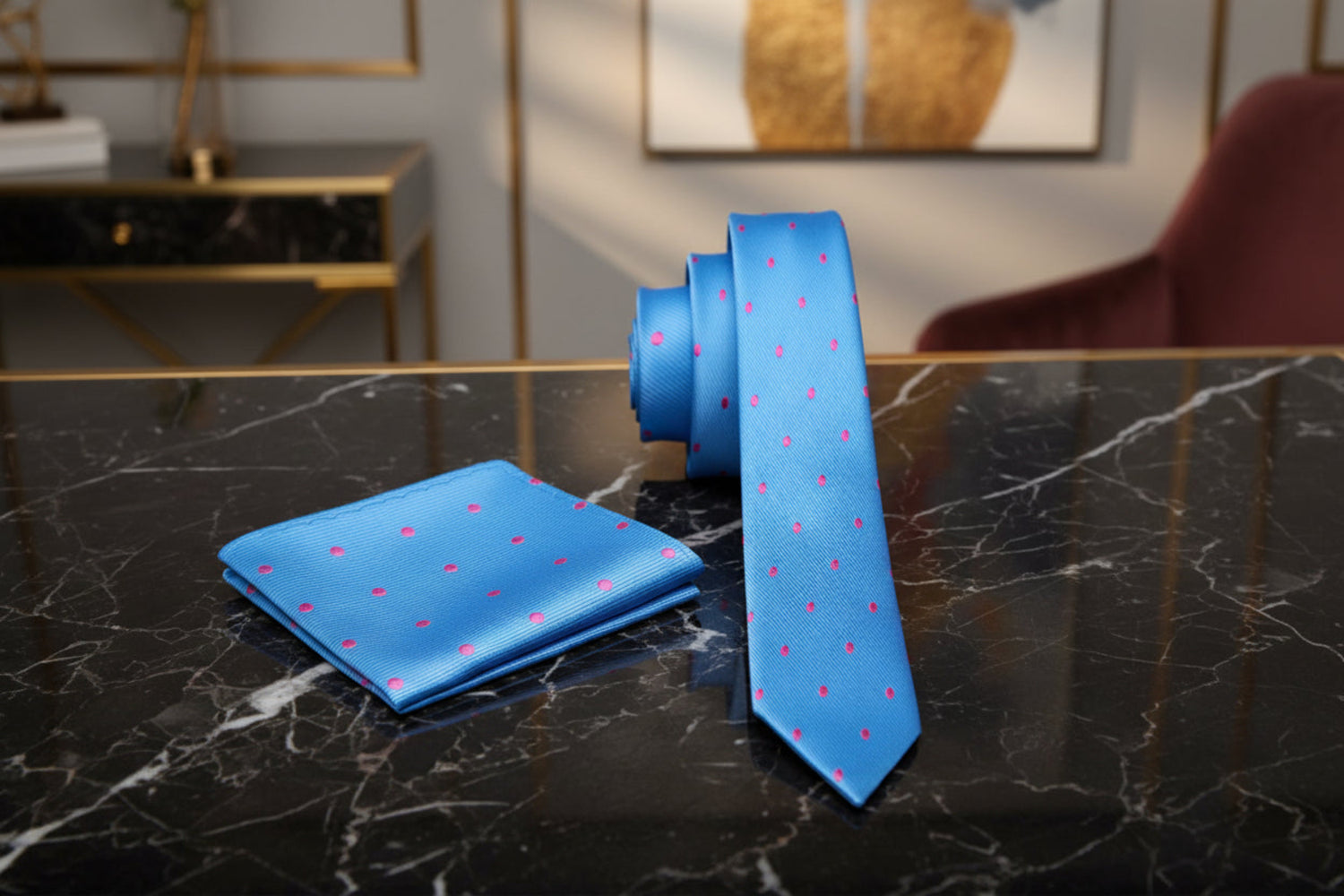Blue with Pink Polka Dot Accents Necktie