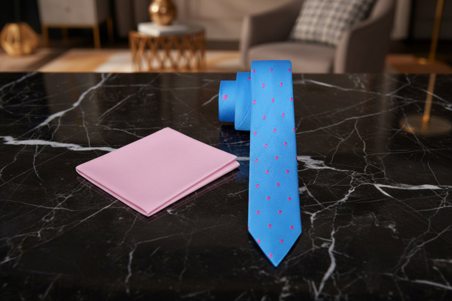 Blue with Pink Polka Dot Accents Necktie