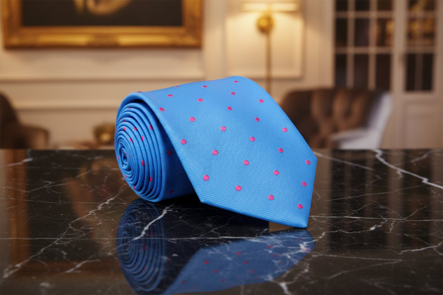 Blue with Pink Polka Dot Accents Necktie