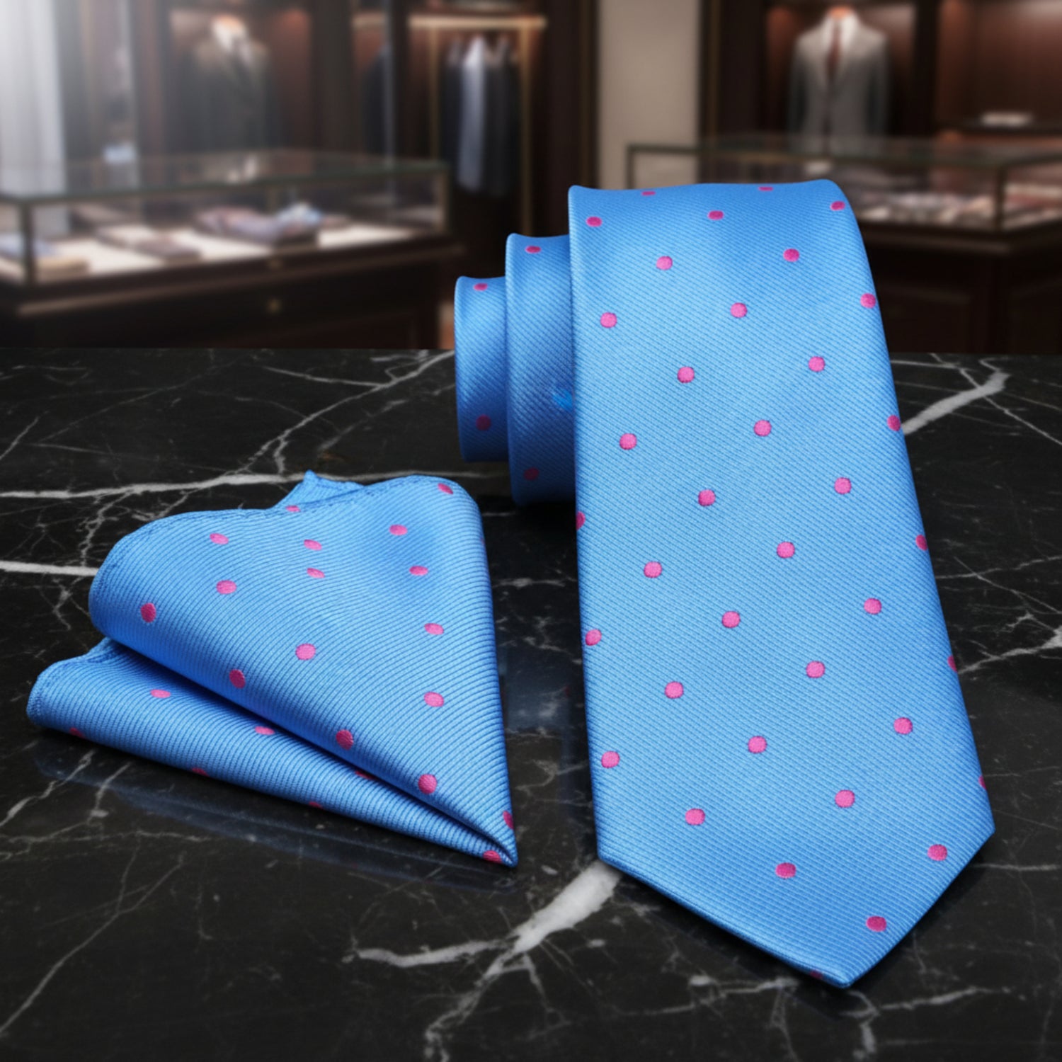 Blue tie with pink polka dots and matching pocket square on a black marble background 
