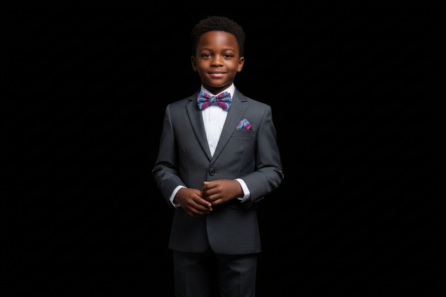 Young boy in a gray suit with a colorful bow tie on a black background