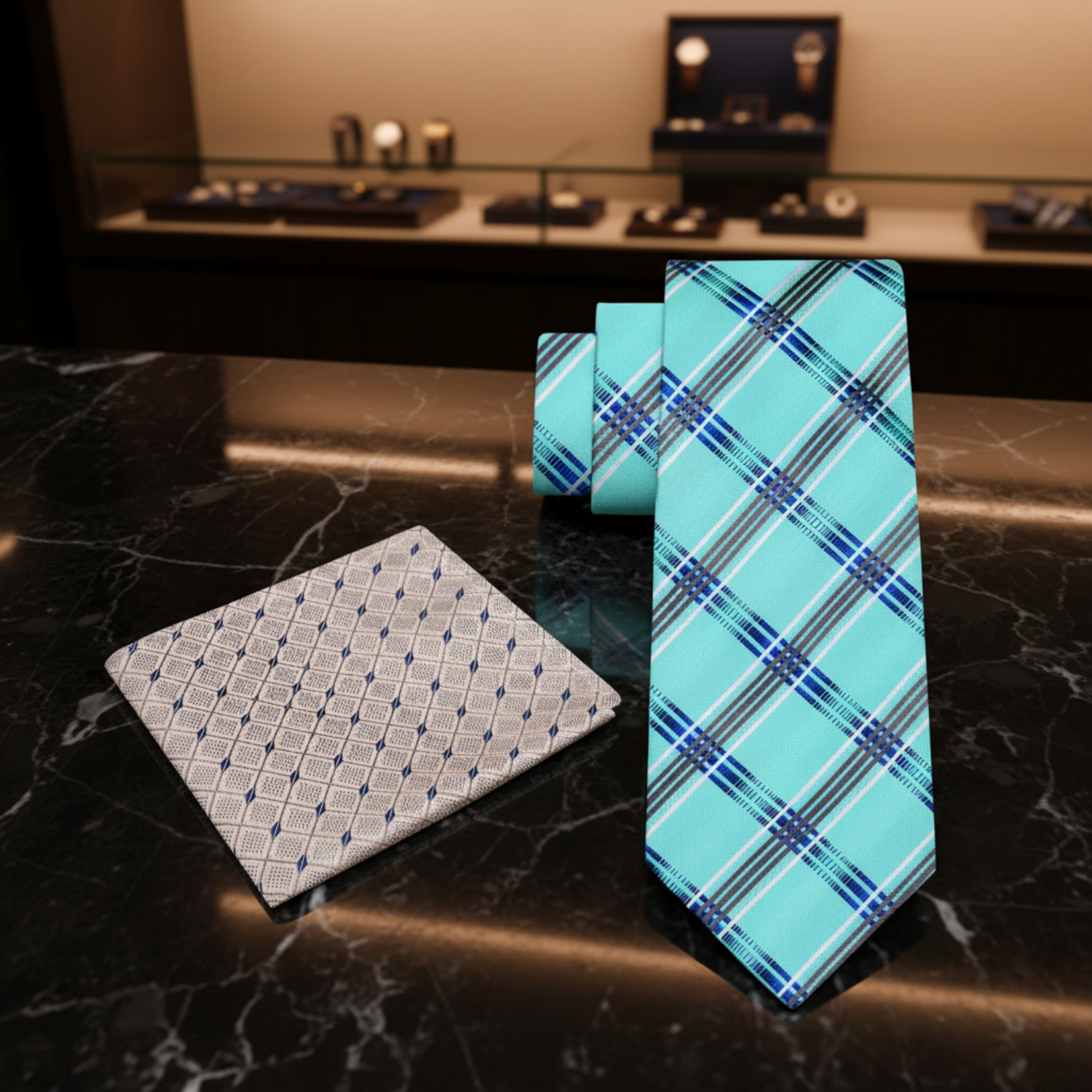 View 2 Blue Plaid Necktie and Accenting Square