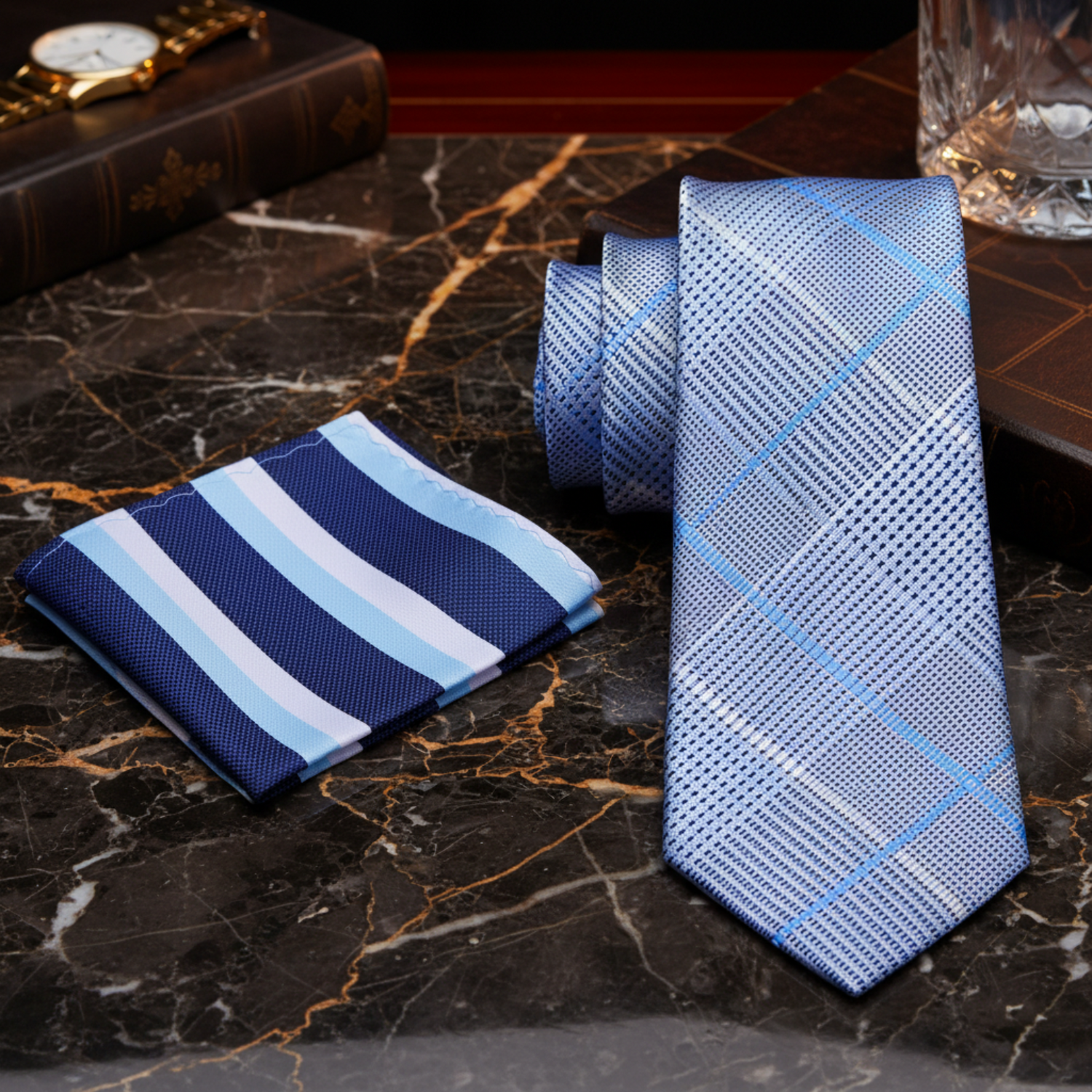 Alt View: Light Blue, White Plaid Tie and Dark Blue, Light Blue and White Stripe Square