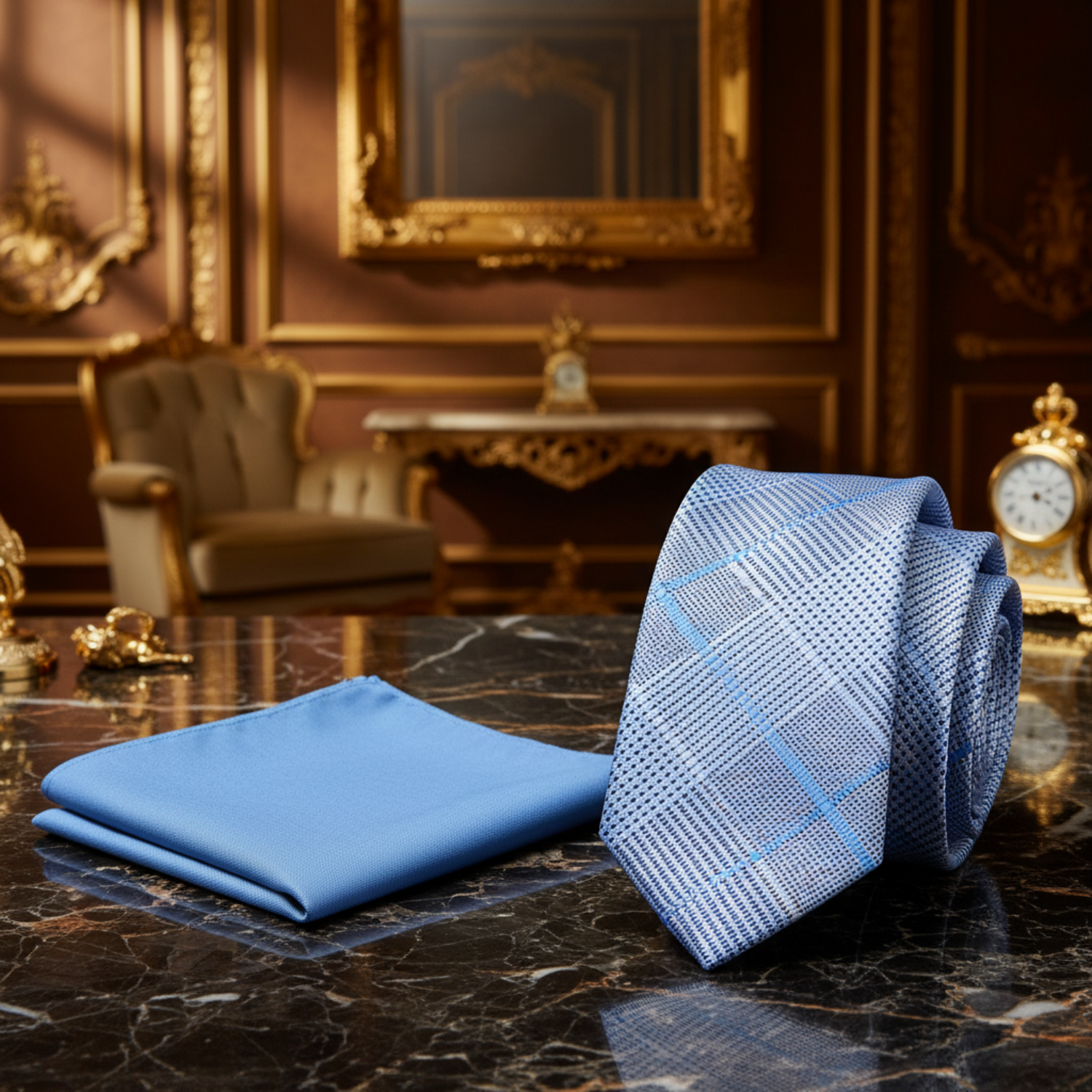 View 2: Light Blue, White Plaid Tie and Light Blue Square