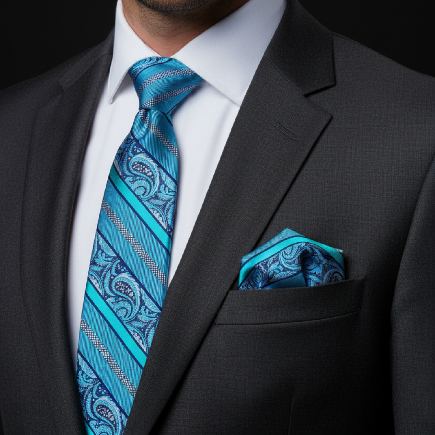 Man wearing a black suit with a blue paisley tie and pocket square.