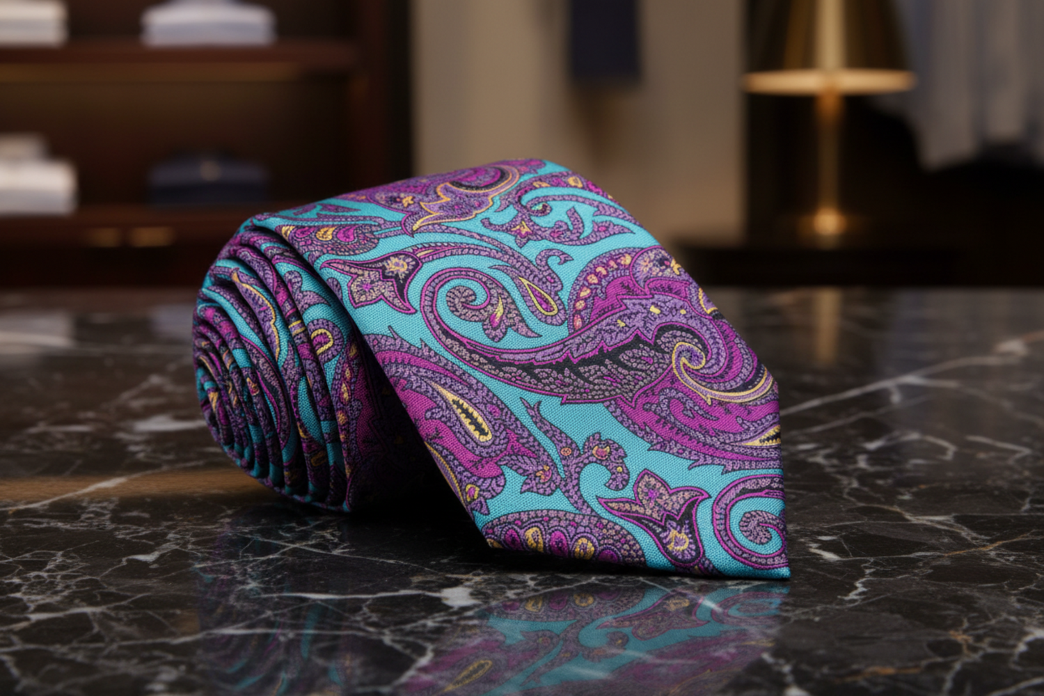 A Teal, Purple Intricate Paisley Pattern Necktie