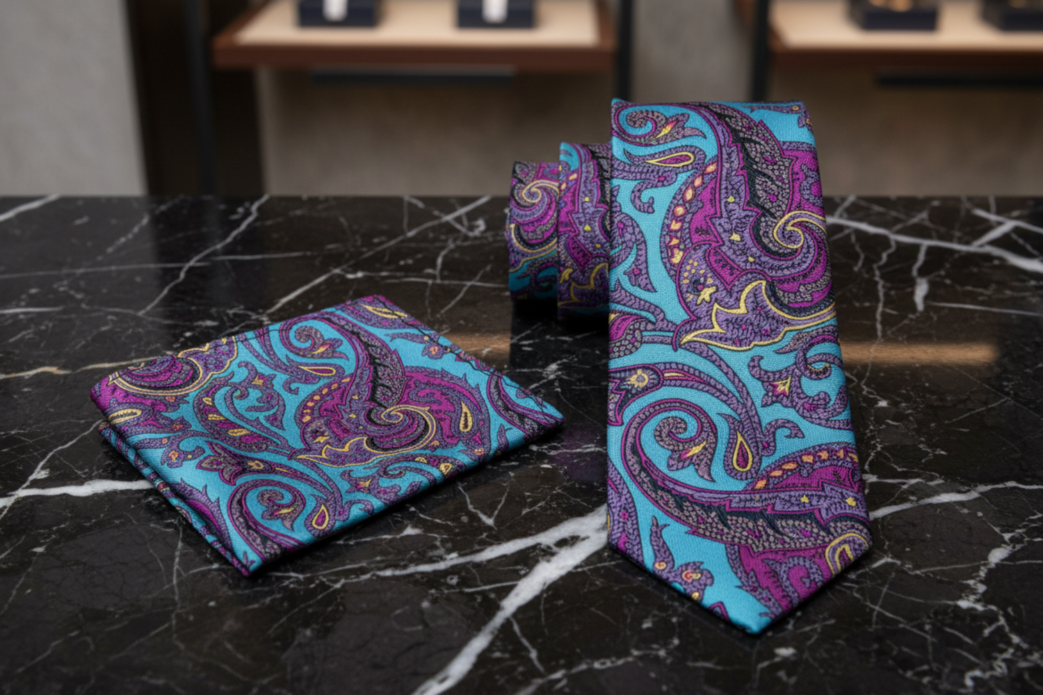 View 2 A Teal, Purple Intricate Paisley Pattern Necktie, Matching Pocket Square