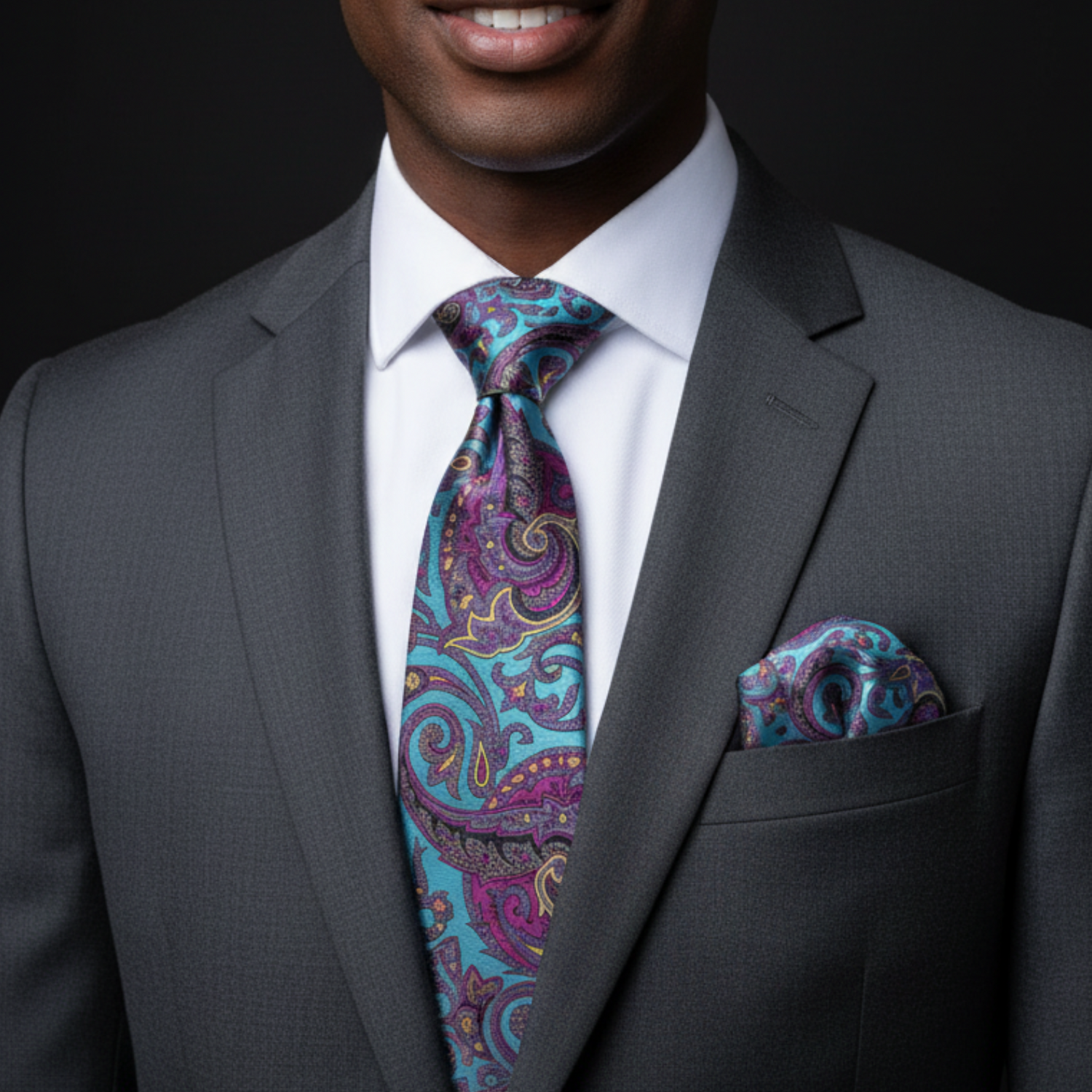 Man wearing a gray suit with a colorful paisley tie and pocket square on a black background