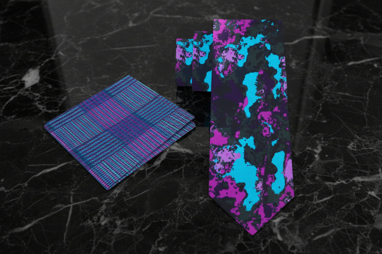 Alt View: Light Blue, Purple Ink Blot Necktie and Light Blue, Blue Pocket Square
