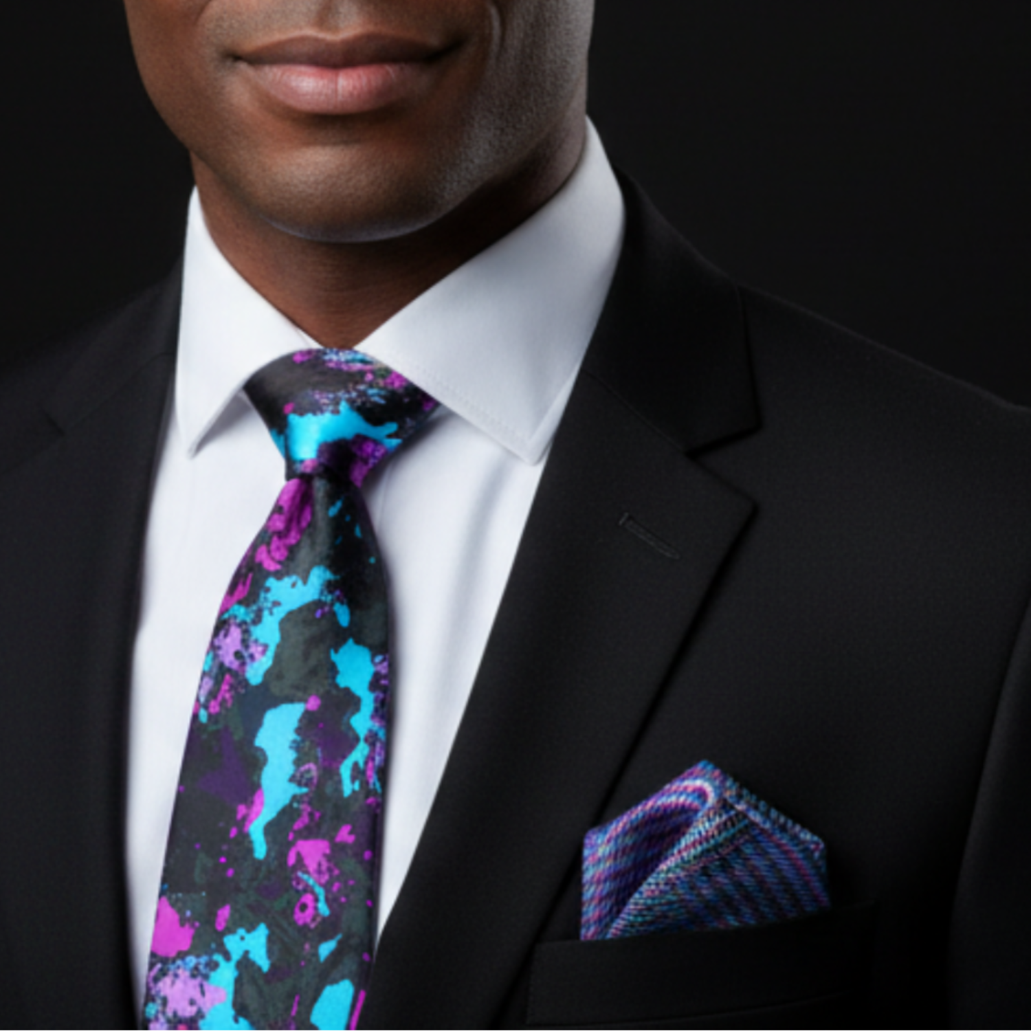 Blue and Pink abstract ink blot tie and accenting square on man with suit