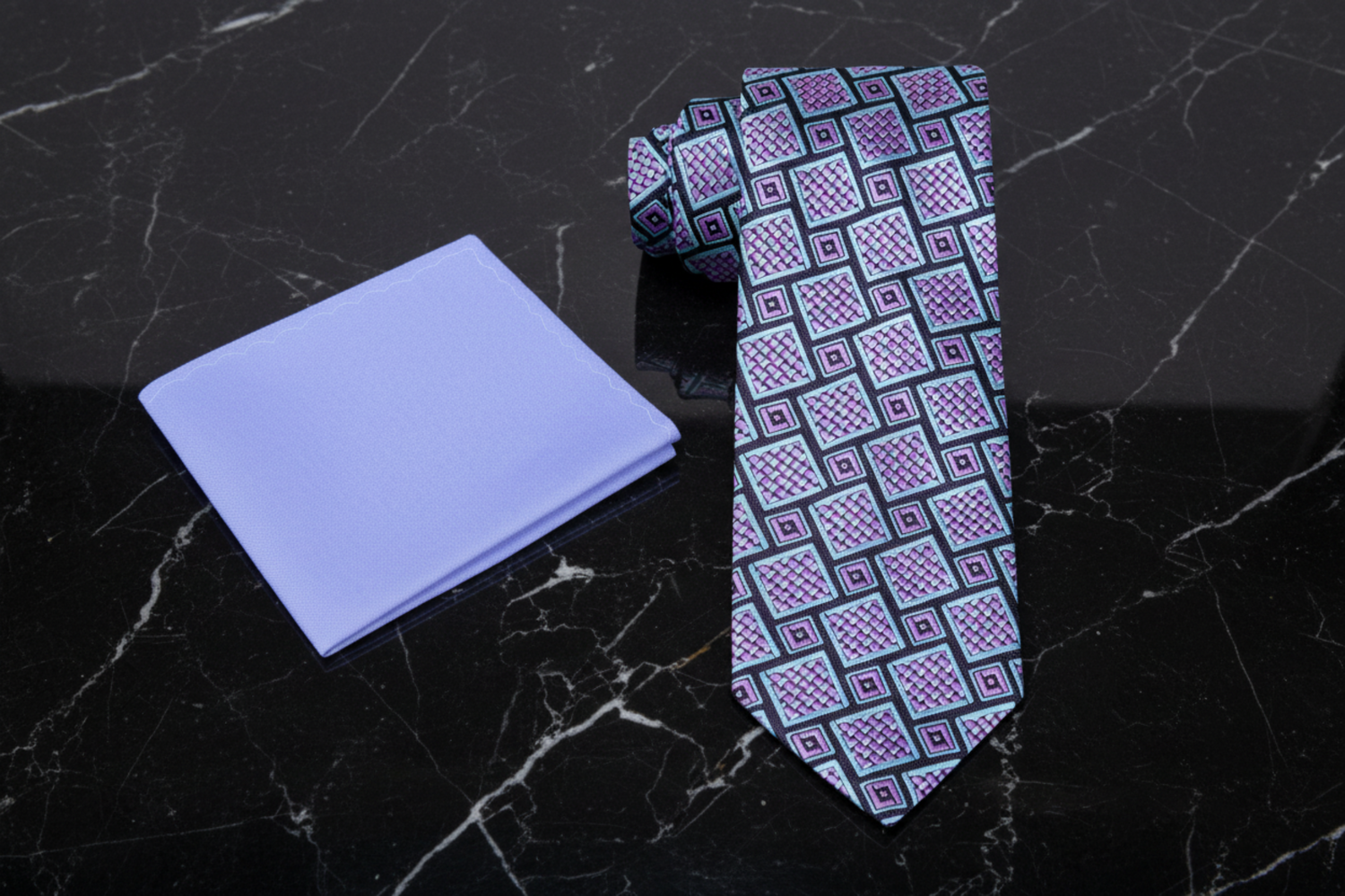 Alt Grey, Teal, Purple Abstract Shapes Pattern Necktie, Accenting Pocket Square