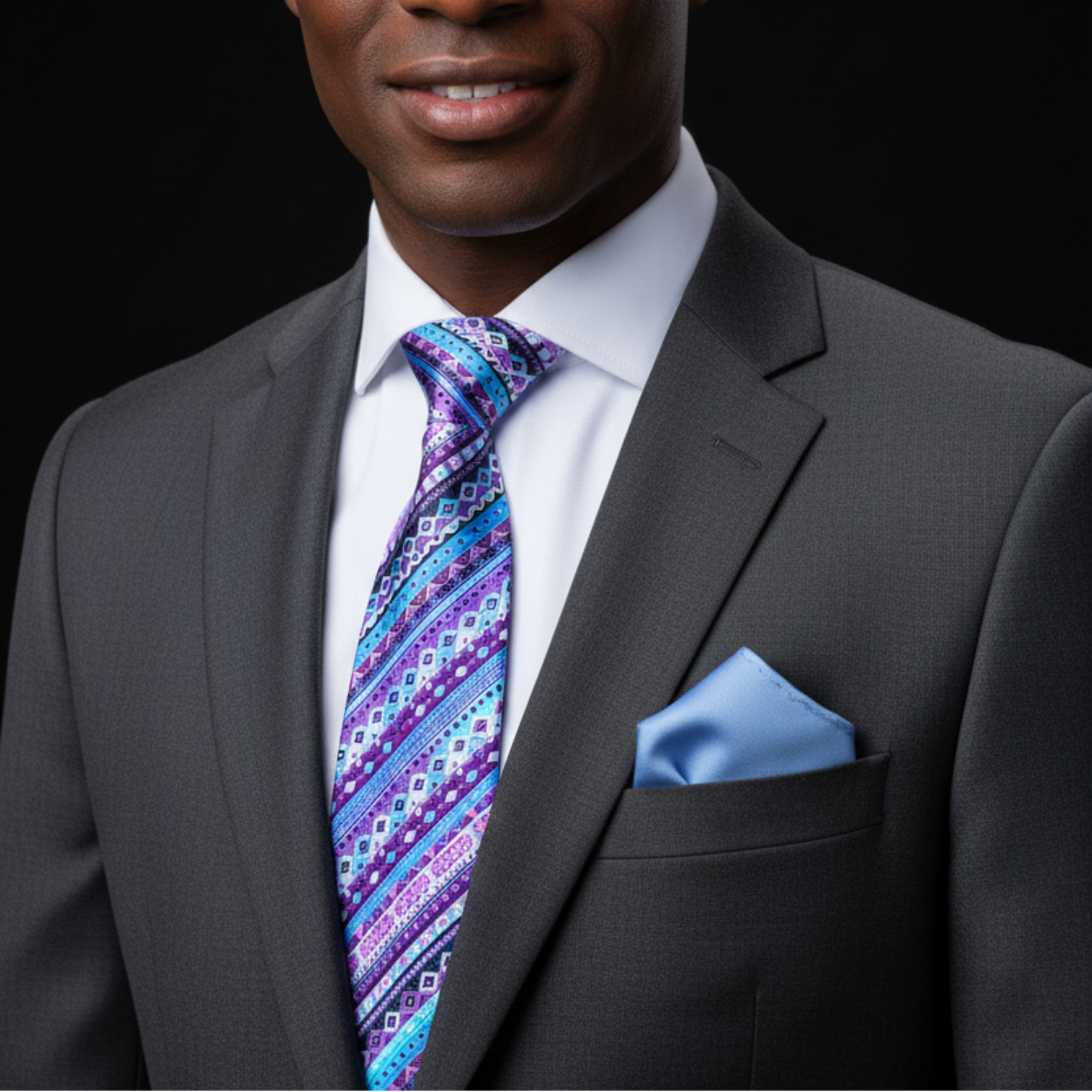 Man wearing a gray suit with a colorful tie and blue pocket square on a black background