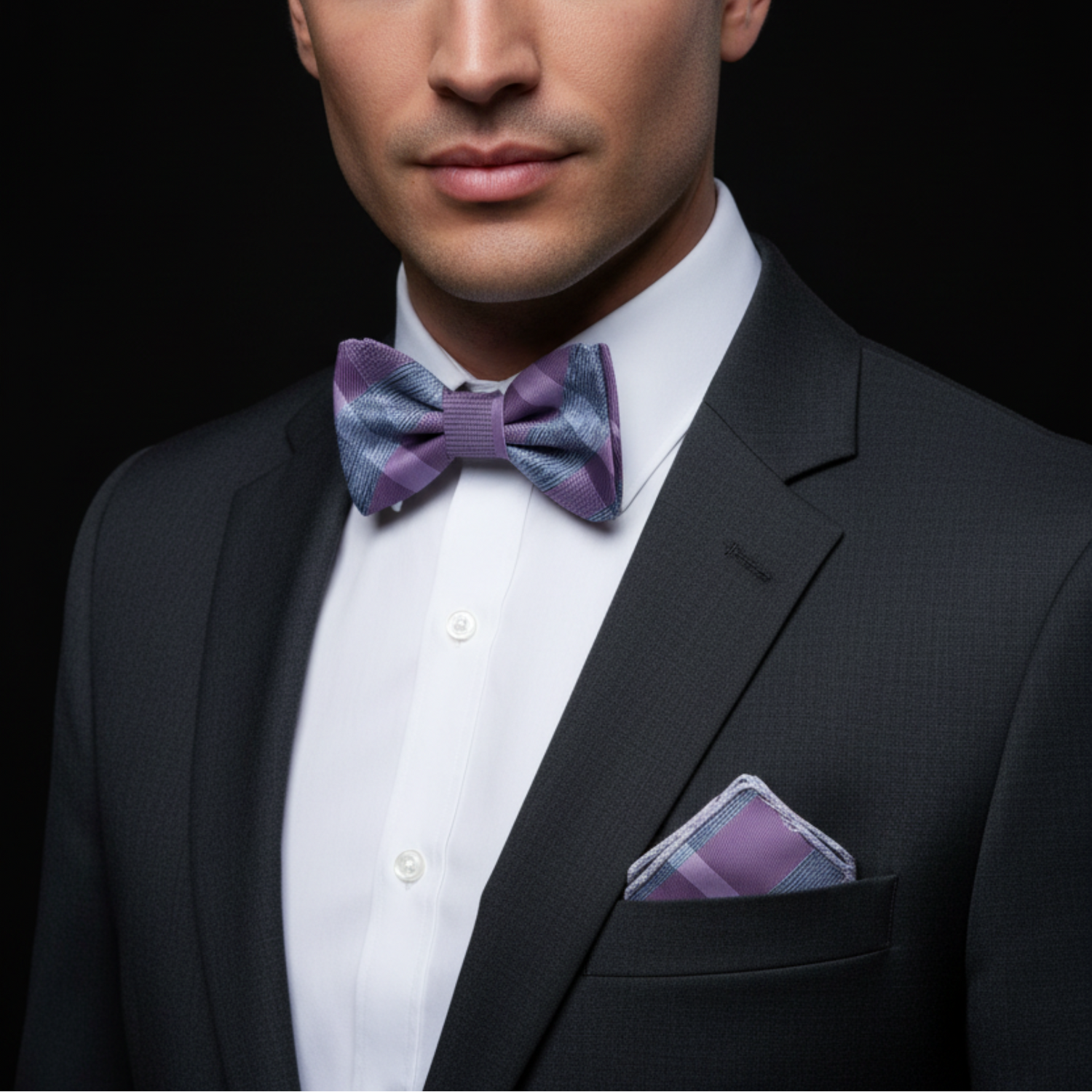 Man wearing a black suit with a white shirt and purple bow tie against a black background