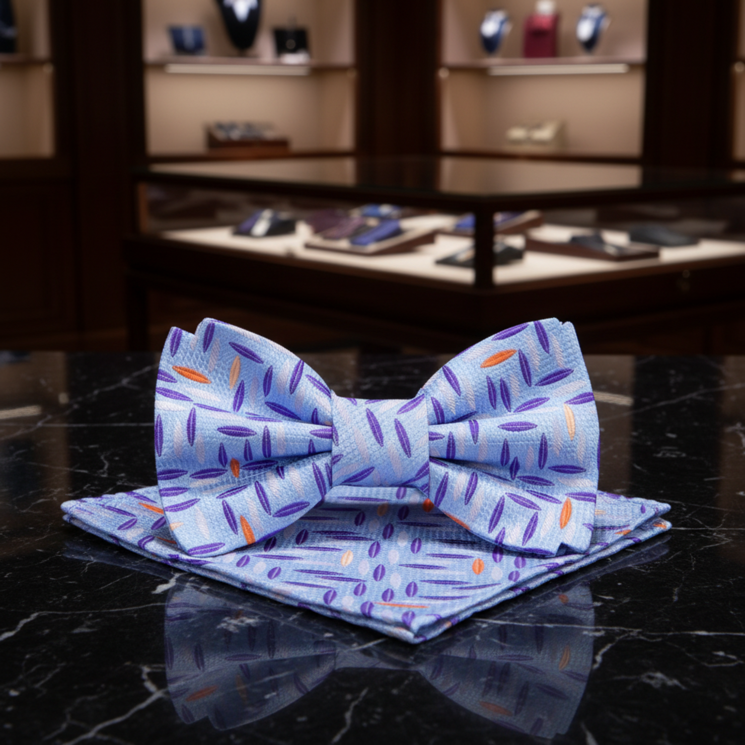 Light Blue, Purple, Orange Geometric Bow Tie And Pocket Square||Light Blue, Purple