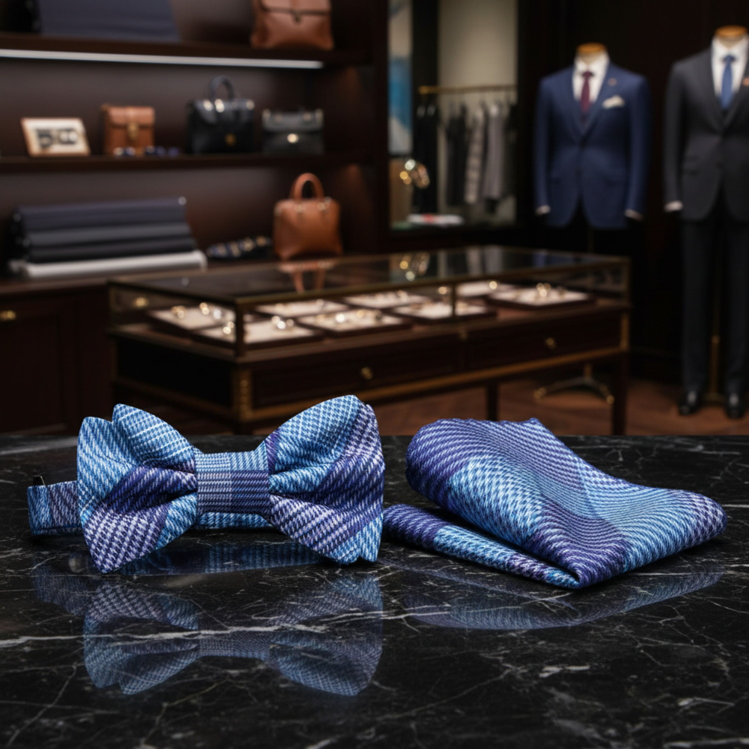 Light Blue Purple Oxford Plaid Bow Tie and Square