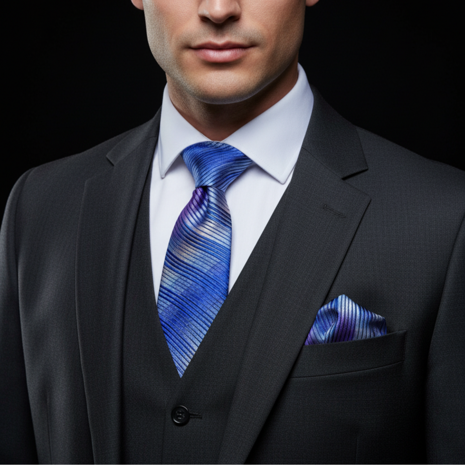 Man wearing a dark suit with a blue striped tie and pocket square on a black background