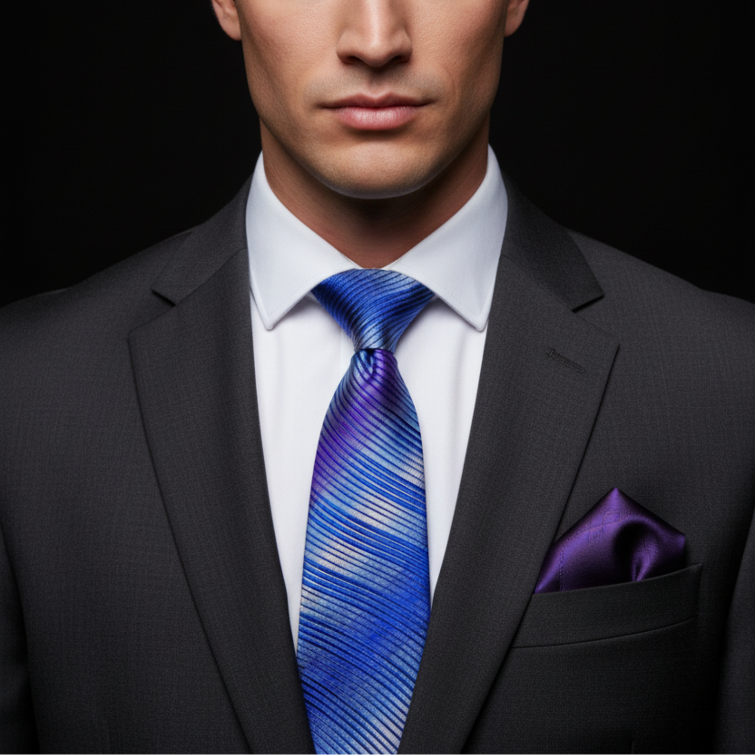 Man wearing a dark suit with a blue striped tie and purple pocket square on a black background