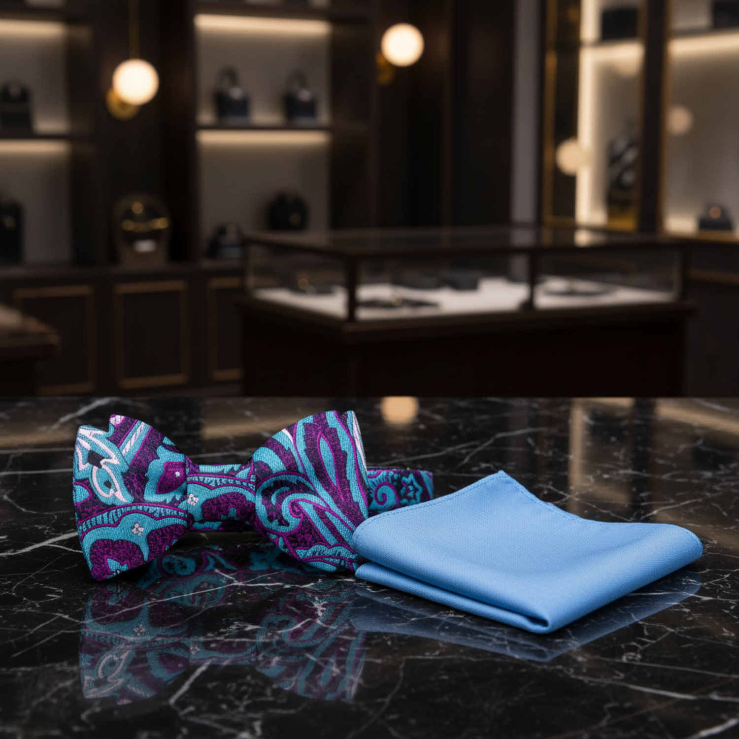 A Blue, Purple Ornate Paisley Pattern Self Tie Bow Tie, blue Pocket Square