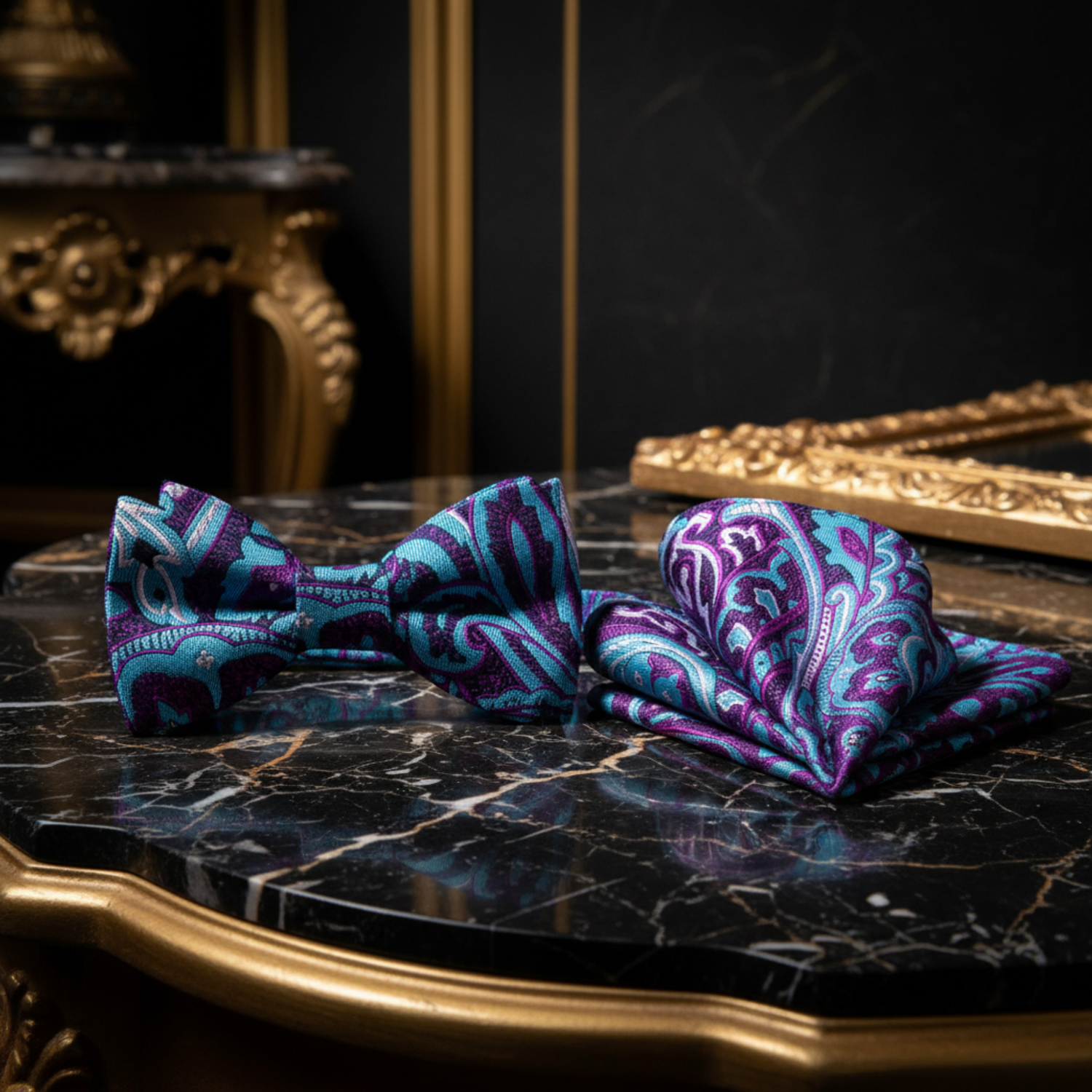 A Blue, Purple Ornate Paisley Pattern Silk Self Tie Bow Tie, Pocket Square