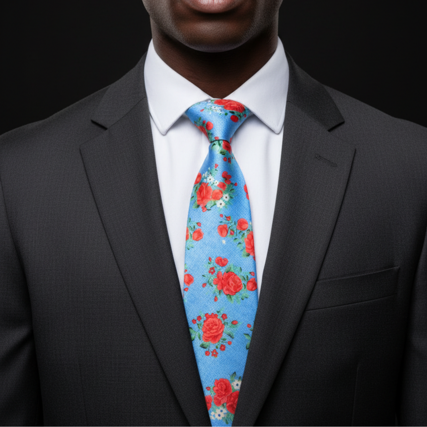 Man wearing a black suit with a white shirt and a blue floral tie against a black background
