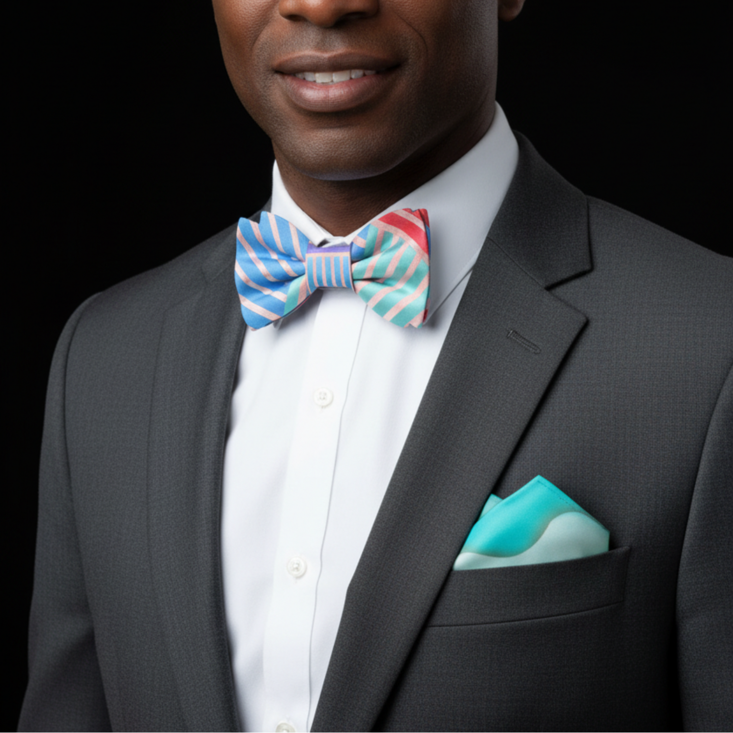 Man wearing a gray suit with a colorful striped bow tie and matching pocket square on a black background