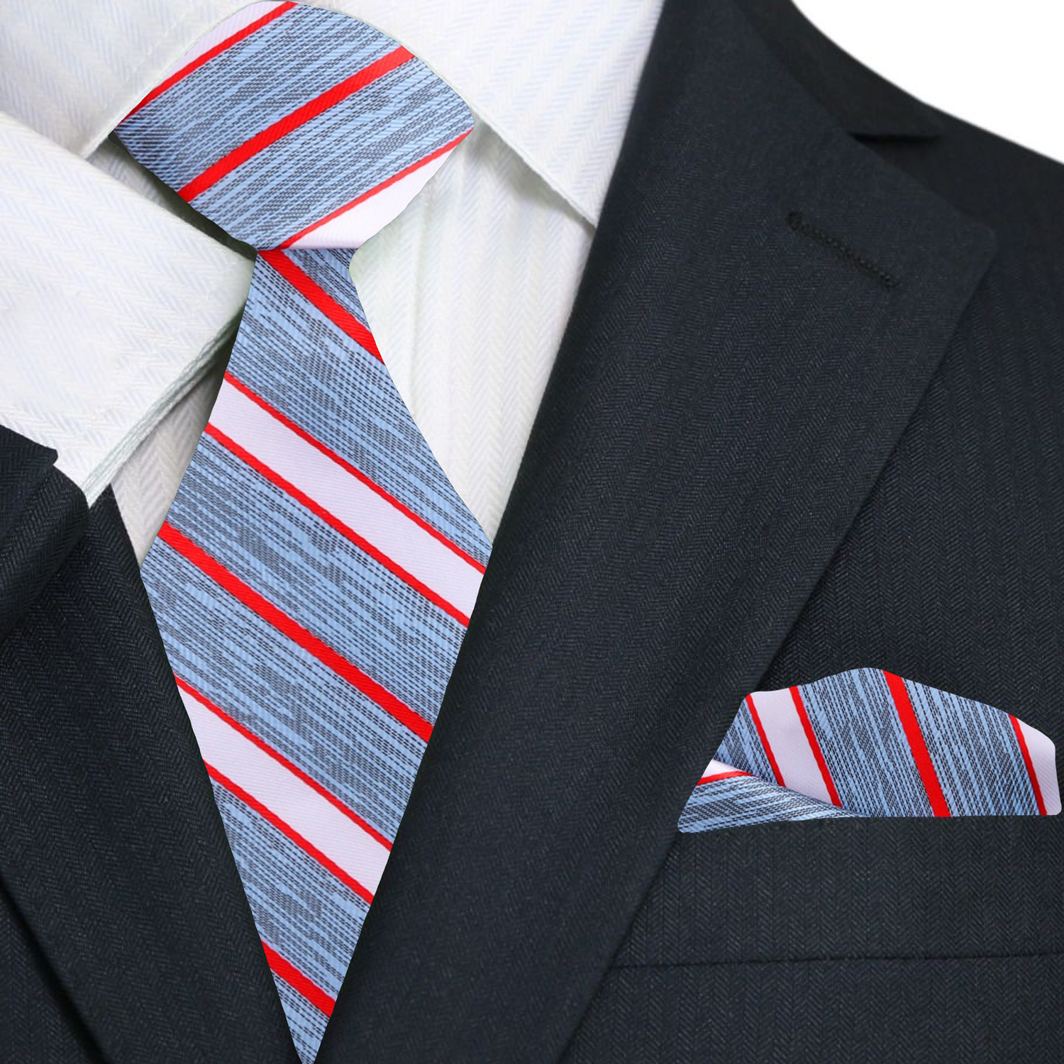 Premium  Blue, Red Stripe Tie and Pocket Square