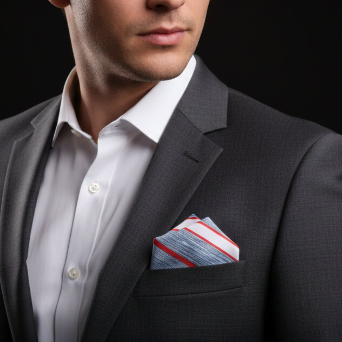 Man wearing a gray suit with a patterned pocket square on a black background