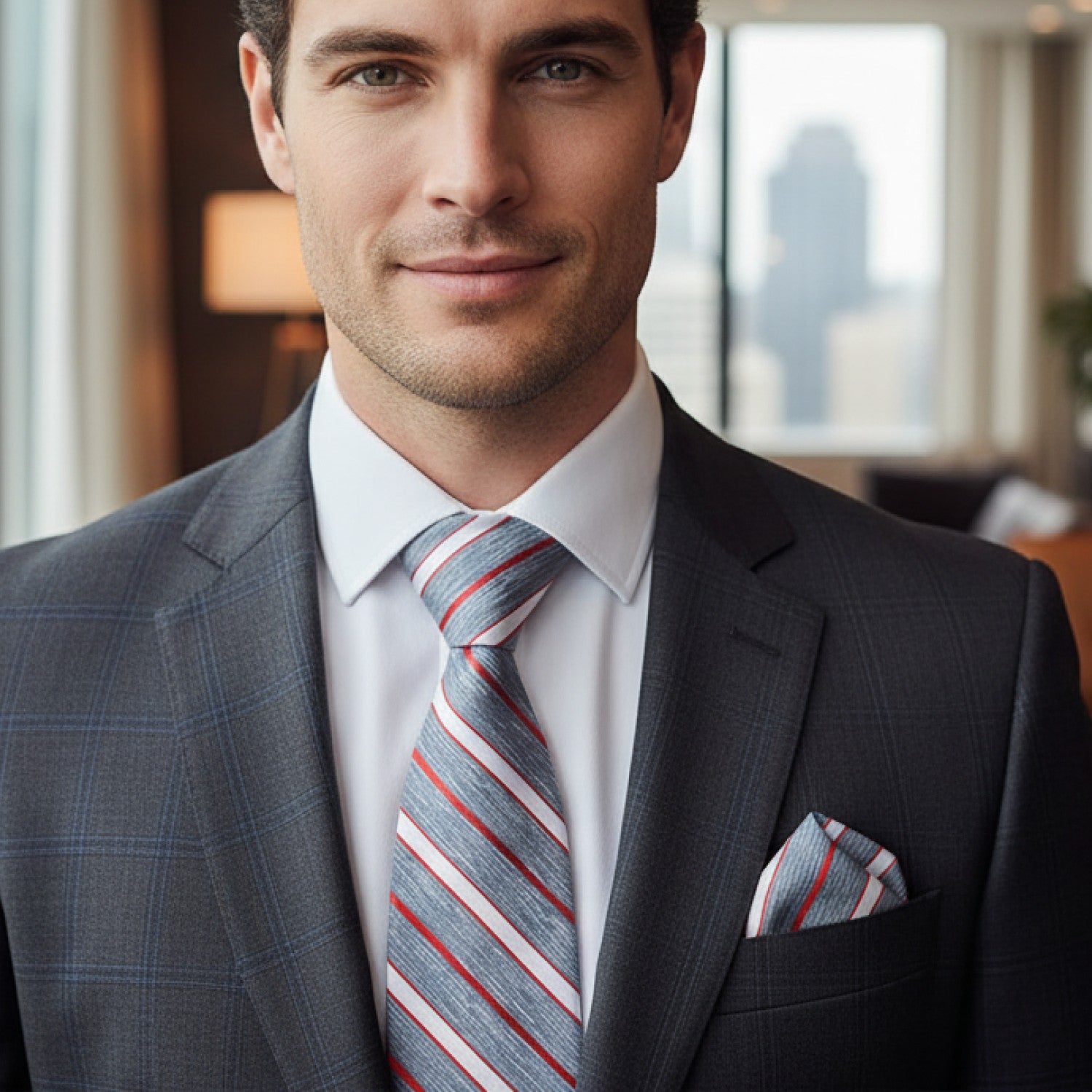 Man wearing a gray suit with a striped tie and pocket square in an indoor setting.