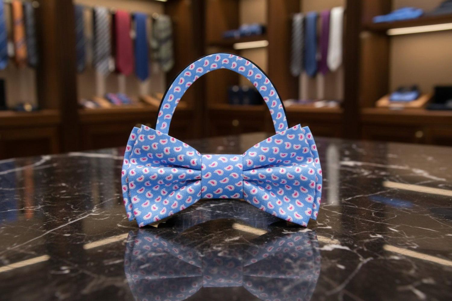 Light Blue, Pink, White Paisley Bow Tie Pre Tied