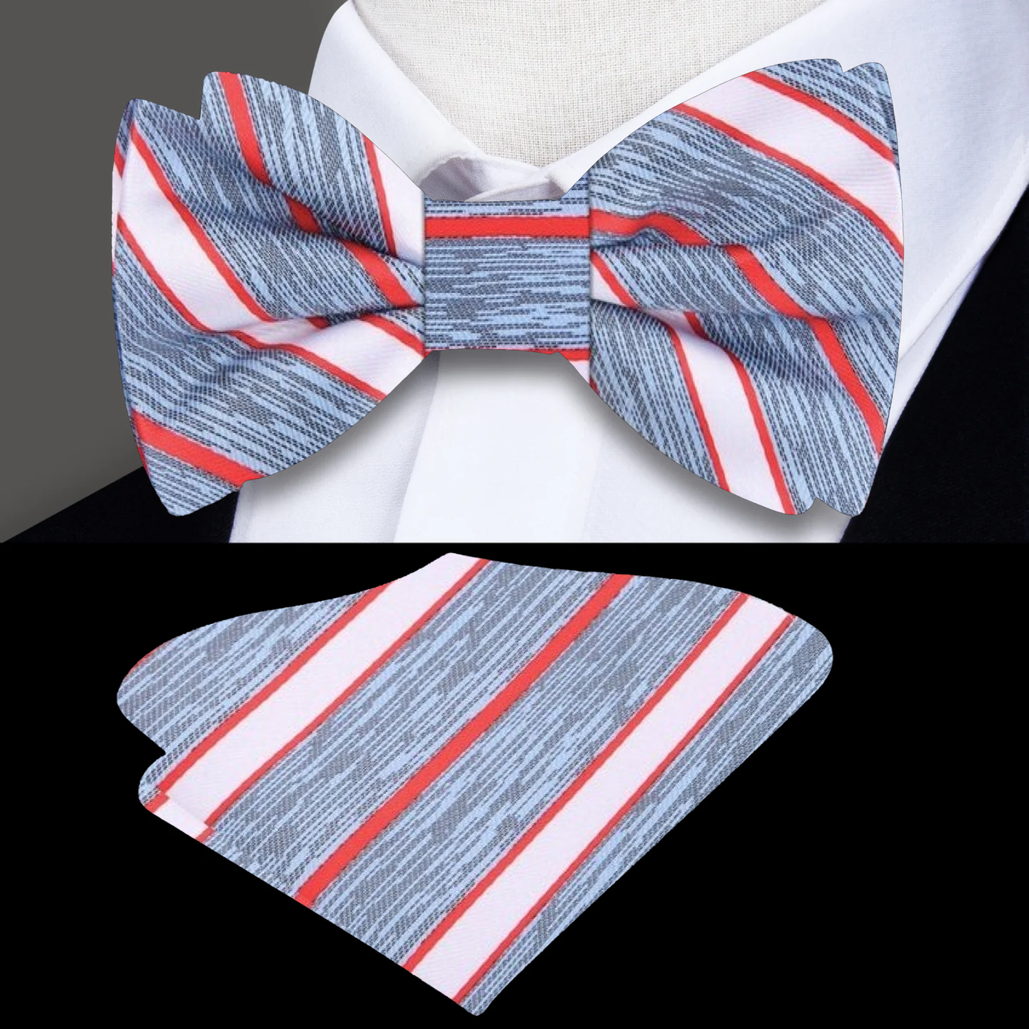 Light Blue, Light Red Stripe Bow Tie and Pocket Square