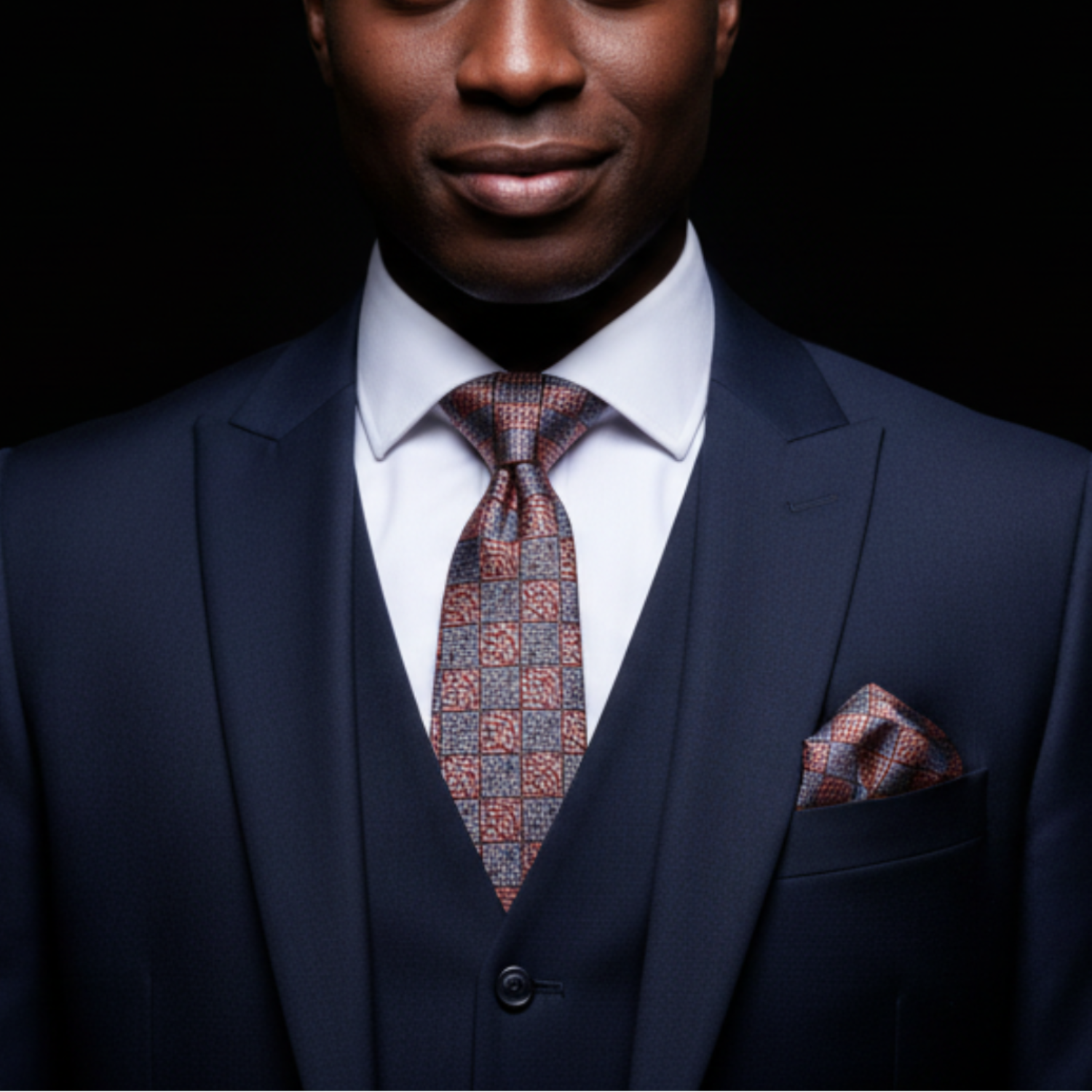 Man wearing a dark suit with a patterned tie against a black background