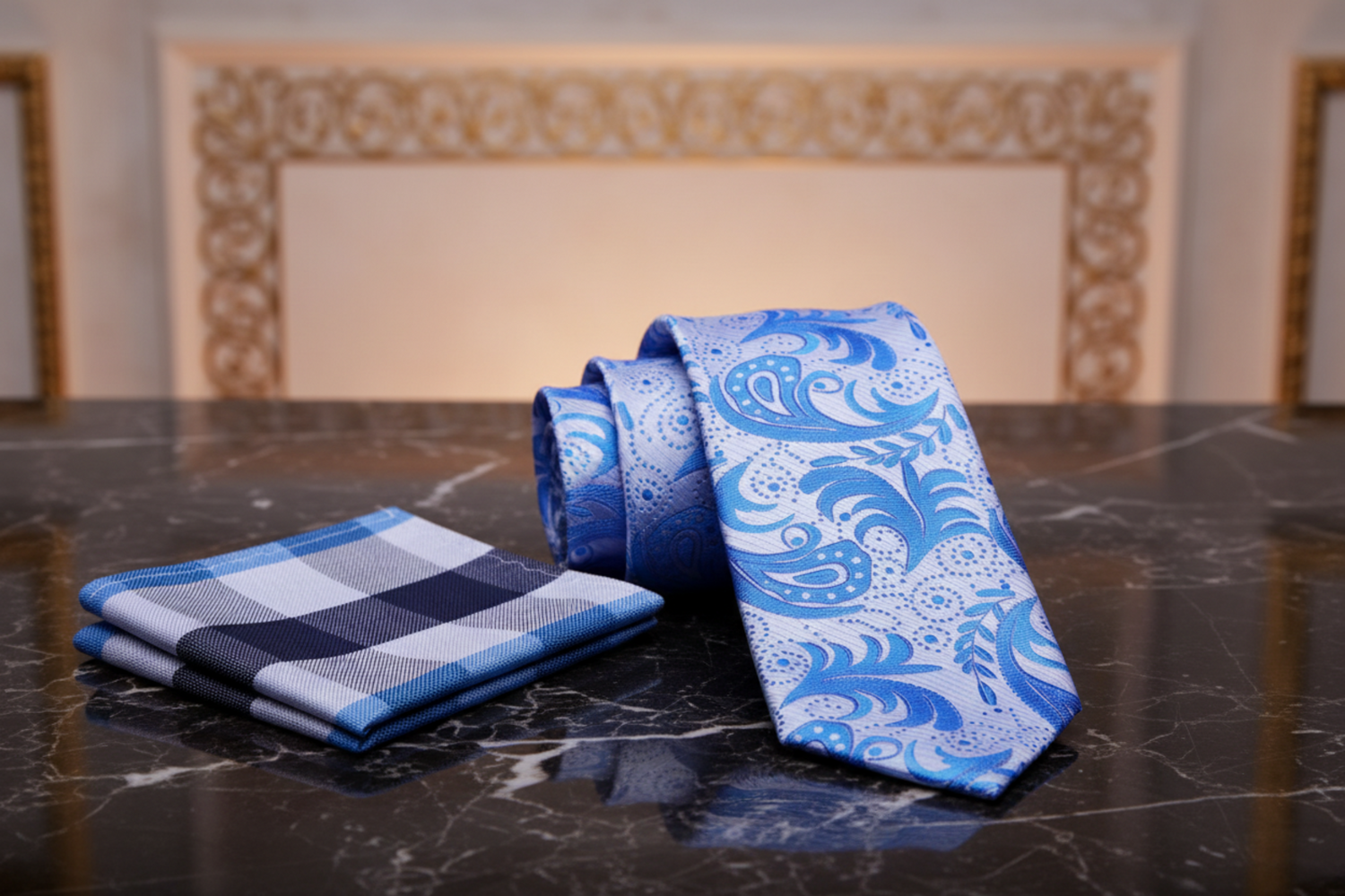Alt Light Blue Paisley Necktie and Accenting Plaid Square