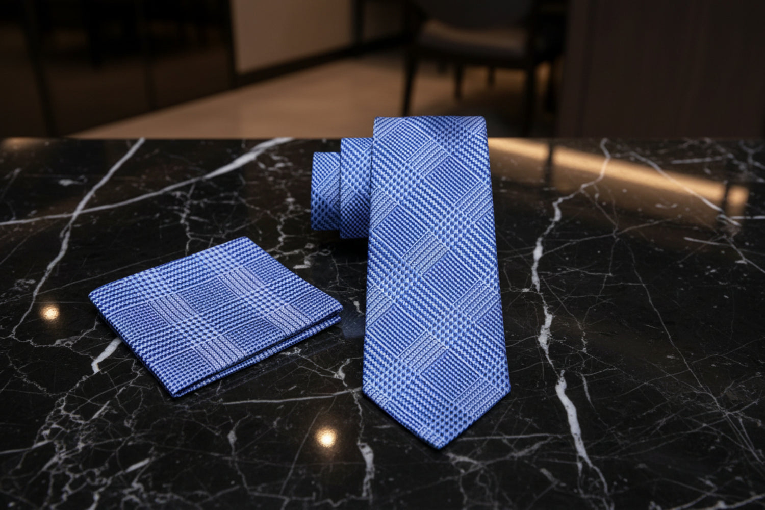 Blue plaid tie and pocket square 
